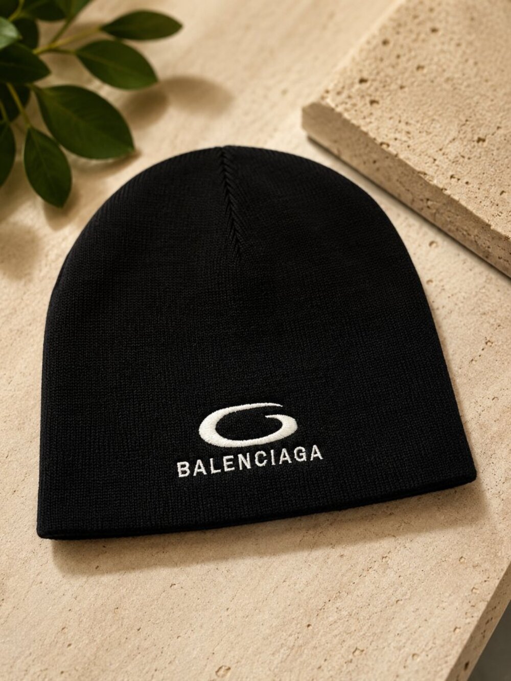 Black Knit Beanie White Embroidered Logo Minimalist Winter Skull Cap